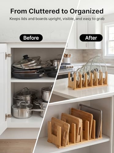 2 Pack Bamboo Pot Lid Organizer for Drawer & Cabinet, 6-Slot Lid Holder - Image 3