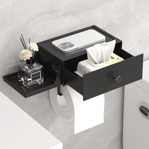 Lifewit Toilet Paper Holder Wall Mount with Shelf & Drawer, Black, 1 Pack by Lifewit