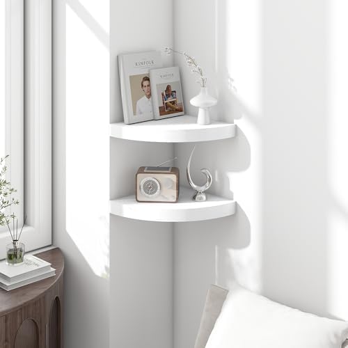 Fun Memories Floating Corner Shelves Set of 2 - Rustic Wood Wall Mounted Storage and Display Shelves for Living Room, Bedroom, Kitchen, Bathroom - Space Saving Home Decor, White - Image 2
