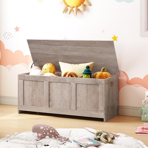 HOOBRO Storage Bench, 39.3" Retro Wooden Storage Chest, Wooden Storage Trunk, Toy Chest with Lift Top, Multifunctional Entryway Organizer, for Entryway, Living Room, Greige BG141CW01G1 - Image 4