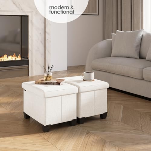 Storage Ottoman Cube with Small Bin, 16-in Square Ottoman with Storage for Living Room and Bedroom, Small Ottomans Foot Rest, Fabric Foot Stools Ottomans Max 330lbs, Cream - Image 2