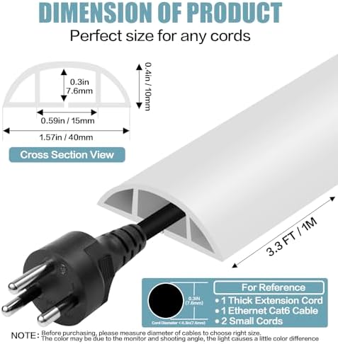Floor Cord Cover Self Adhesive Cord Hider,3.3FT Cable Management, Extension Strip Protector for Wires, Prevent Cable Trips for Offices, Gyms, Exhibitions Cavity:0.51"(W) x 0.3"(H) White - Image 2