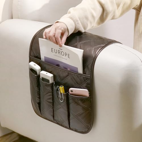 Remote Control Holder for Armchair, Couch Recliner Chair Caddy, Non-Slip Arm Chair Caddy for Recliner with 5 Pockets for Table, Ipad, Magazines, Arm Chair Bedside Caddy Storage Organizer (Brown) - Image 4