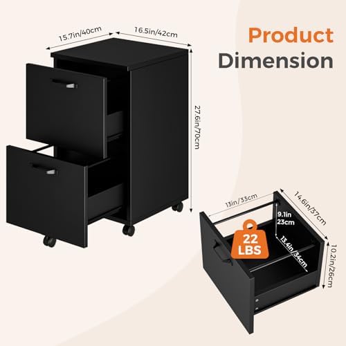Sweetcrispy 2-Drawer File Cabinet, Small Rolling Filing Cabinet, Black - Image 3