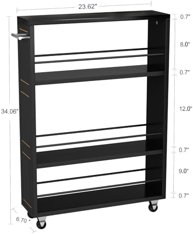 KLM 4 Tier Black Slim Storage Cart with Handle, Slide Out Storage Rolling Utility Cart for Kitchen, Laundry, Narrow Places-6.7" W - Image 3