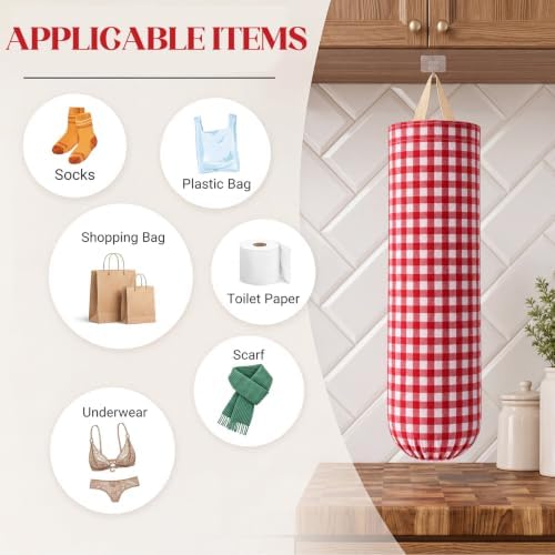 Gingham Plastic Bag Holder for Grocery Bag, Red - Image 3