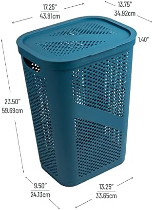 Mind Reader Slim Laundry Hamper with Lid, 60L Clothes Basket, Ventilated Plastic, Blue - Image 3