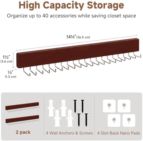 StorageWorks Tie Rack with 20 Hooks, 2 Set Wall Mounted Wood Hanger, Cherry - Image 2