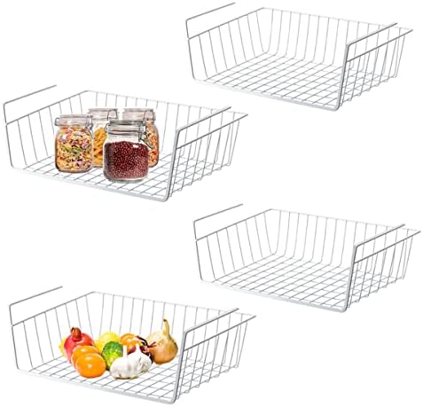 Under Shelf Storage Basket, Hanging Shelf Basket Slides Under Shelves for Storage Metal Under Cabinet Shelf Basket Organizer for Kitchen Pantry Desk Bookshelf (White Pack of 4) by Vilive