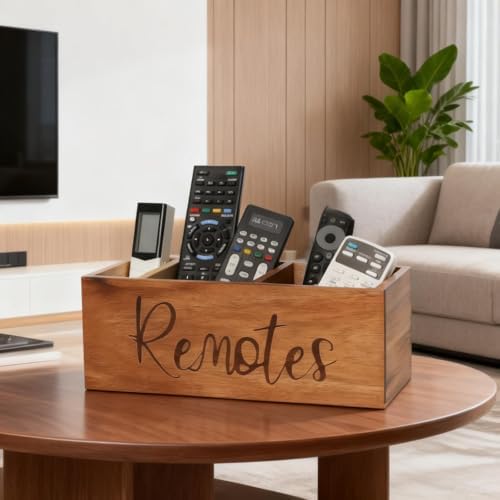 LBEMEY Acacia Wood TV Remote Holder, Caddy and Organizer for Table, Vintage Farmhouse Desk Caddy (Brown for 5+ Remote Controls) - Image 6