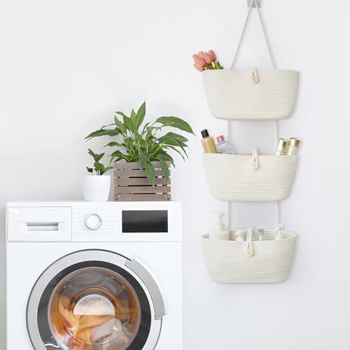TeoKJ Over the Door Hanging Baskets with Wooden Button, 3-Tier Wall-Mounted Decorative Nursery Kitchen Baskets, White - Image 6