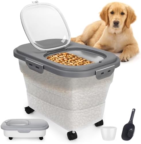 Pet Food Container, Collapsible Dog Food Storage Container with Detachable Casters & Airtight Lid for Keeping Dry Kibbles, With Dog Food Scoop and Measuaring Cups by YECERCAN