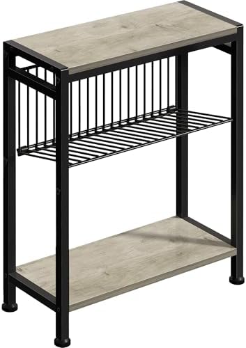 Small Side Table for Small Space, 3-Tier Narrow End Table with Magazine Holder, Slim Nightstand, Skinny Snack Couch Table in Living Room, Bedroom, Study, Kitchen and Balcony (Greige) by HOME