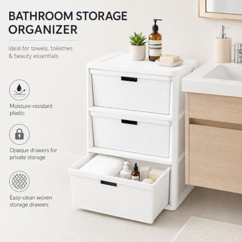 Wide 3-Drawer Plastic Storage Tower with Cross-Weave Removable Bins - Image 6