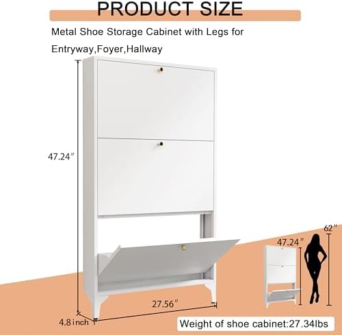Shoe Cabinet with 3 Flip Drawers, Narrow Shoe Storage Cabinet, Farmhouse Shoe Organizer, Freestanding Organizer with Metal Legs for Entryway, Foyer (White, 3 Door) - Image 3