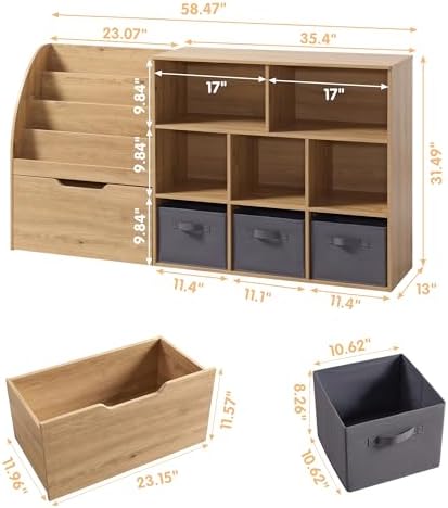 Fatmok Kids Bookshelf and Toy Storage, Toy Storage Organizers with Movable Drawers & 3 Storage Bins, Kids Reading Nook Toy Organizers Shelf with 5 Cubbies, Natral Wood - Image 2