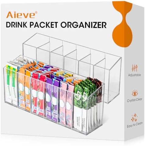 Aieve 2 Pack Drink Packet Organizer, Water Drink Packet Holder with Removable Dividers for Pantry Organizers and Storage, Water Flavor Powder Mix Holder for Kitchen Storage Organization by Aieve