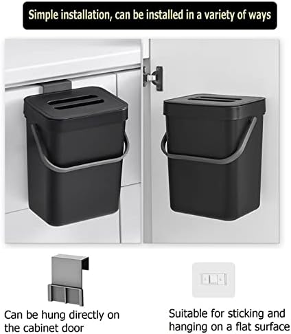 Small Trash Can with Lid Mini Kitchen Hanging Trash Can Tightly Sealed Odor Free, Small Countertop Compost Bin for Scraps from Daily Cooking, Mountable Trash Bin for Kitchen Counter, 5L/1.3 Black - Image 3