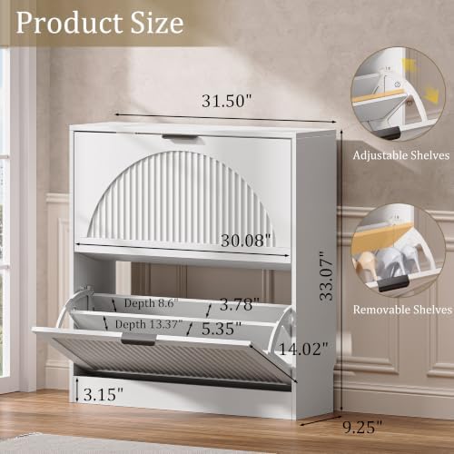 Fluted Shoe Storage Cabinet for Entryway, 2 Flip Drawers, White - Image 2