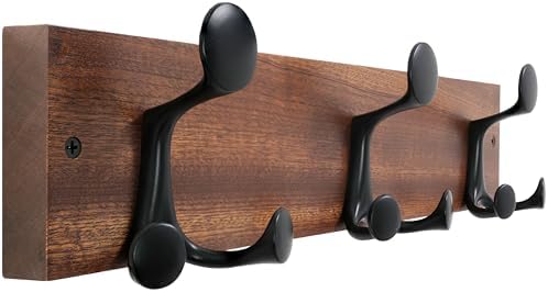 WEBI Coat Rack Wall Mount,17" Solid Wood Coat Hooks Wall Mounted Coat Hanger,16" Hole to Hole,Heavy Duty 3 Triple Hooks for Hanging Coats,Jacket,Hat,Backpack,Farmhouse,Reddish Brown by WEBI