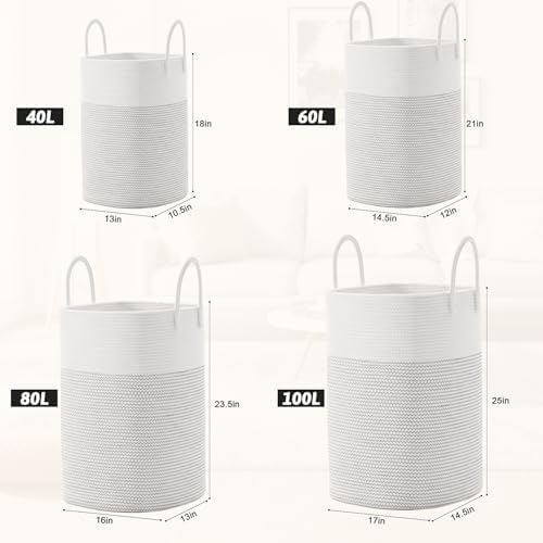 Laundry Basket,Woven Cotton Rope Laundry Hamper,Versatile Storage for Dirty Clothes,Baby Toys,and Blankets in Bathroom, Nursery,and Living Room (White, 100L) - Image 3