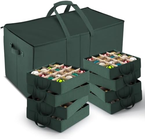Hearth & Harbor Christmas Ornament Storage Box With 8 Inner Tray Dividers - Non-Woven Ornament Storage Container For 128 Holiday Ornaments or Decorations - Green by HearthHarbor