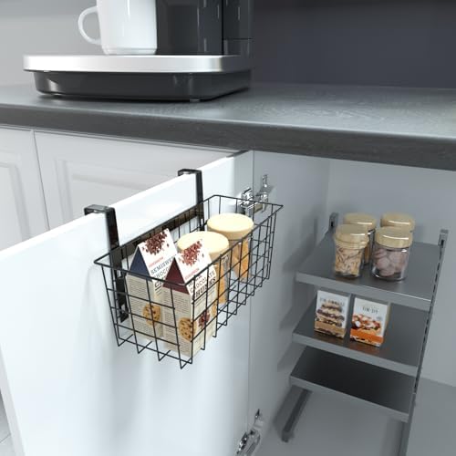 MaraFansie Basket with Hook, Grid Storage Basket, Over the Cabinet Door Organizer, Wire Hanging Basket with Hook Over the Railing, Under Sink Kitchen Cabinet, Pantry, Bathroom, Black, 2 Pack - Image 3