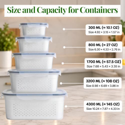 5 Pack Large Fruit Storage Containers for Fridge with Removable Colander - Image 2
