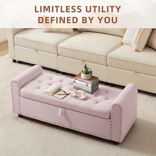 48" Ottoman with Storage, Tufted Storage Ottoman Bench, Convenient Living Room Fabrics Bench Seat, Entryway Shoe Benches with Inner Zipper & Arm, Upholstered Window Seat Ottomans with Rivets,Pink - Image 5