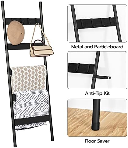 HOOBRO Blanket Ladder, 5-Tier Towel Rack with Hooks, Wall-Leaning Blanket Rack, Decorative Display Ladder Shelf, Scarves, Industrial, Living Room, Bedroom, Black BB52CJ01 - Image 5