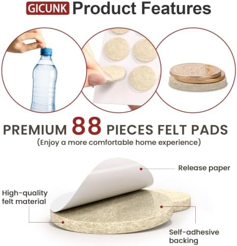 GICUNK 88 Pcs Felt Furniture Pads Chair Leg Floor Protectors, Beige - Image 6