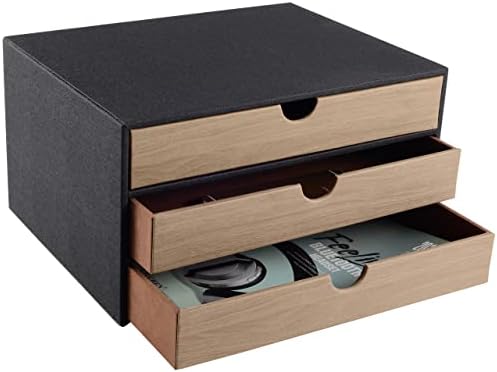 Fashion Multicolor Collocation Leather Desk Organizer File Cabinet Executive Office Supplies Desktop Filing A4 Contract Document Stackable Storage Box with 3 Drawers (Black) - Image 4