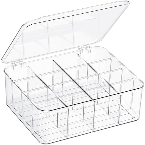 Sock Underwear Organizer, 16 Compartment Adjustable Dividers Tie Socks Underwear Drawer Organizers for Closet, Clear Plastic Storage Containers Box with Lids for Ties Scarf Socks Bras by Unknown