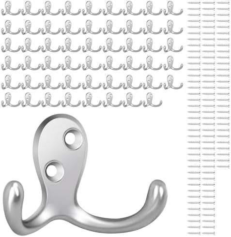 Homanu 54 Pack Silvery Coat Hooks Wall Mounted Double Prong with 108 Screws by Homanu