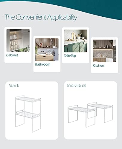 Shantton 2pk Kitchen Cabinet Shelf Counter Organizer Rack Pantry Storage Bathroom Bedroom Office Table Desk Space Saving Steel Frame Stackable Rust Resistant Non Slip White-Tall- L13in W8.3in H9.5in - Image 4