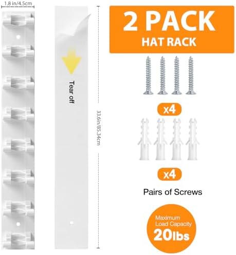 2 Pack Hat Organizer for Baseball Caps, Hat Rack for Wall Hold Up to 16 Hats, Hat Holder with Strong Adhesive and Screws, Hat Organizer Wall Mounted Hat Hanger Display for Door Closet Bedroom(A-White) - Image 2
