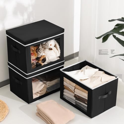 Homsorout Storage Bins with Lids, 3 Pack Large Storage Cubes with Window, Closet Bins with Lids & Handles, Fabric Box for Organizing Clothes, Towels, Books, Black - Image 3