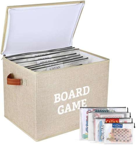 Board Game Storage Kit Include Storage Basket and 10pcs Zipper Bags, Board Game Organizer with Writable Stickers and Dispensing, Suitable for Puzzle, Document (1 Pack-Beige-Large) by LuKeline