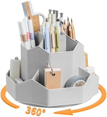 Cayxenful Pencil Pen Holder for Desk,9 Slots 360 Degree Rotating Desk Organizers,Desktop Storage Stationery Supplies Organizer, Cute Pencil Cup Pot For Office, School, Home(Grey) by Cayxenful