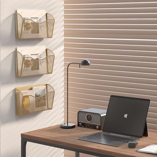 EasyPAG Wall File Organizer, Metal Mesh Hanging File Folder Holder for Letter/A4 Size Folders, Vertical Wall Mount Mail Sorter for Office Paperwork, Classroom, Gold - Image 5