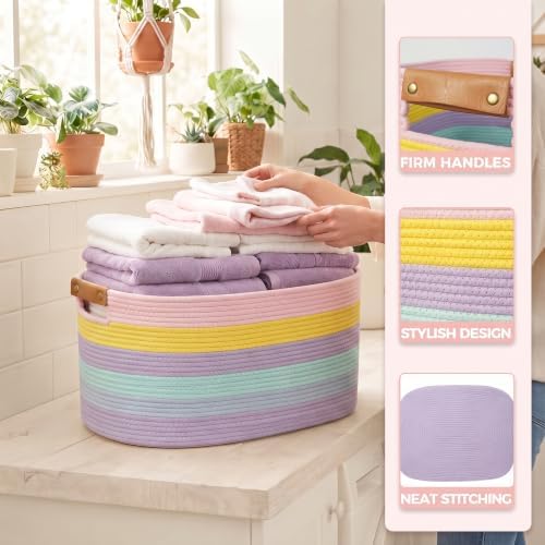 danpinera Large Laundry Basket, 108L Rectangle Woven Baskets for Storage for Living Room, Laundry, Nursery, Pillows, Baby Toy chest, Blanket Storage with Leather Handle, 25’’*16’’*16’’ Rainbow - Image 2
