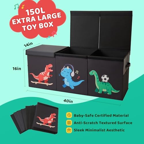 Extra Large Toy Box with Lid,Dinosaur Collapsible Toy Storage,Black - Image 2