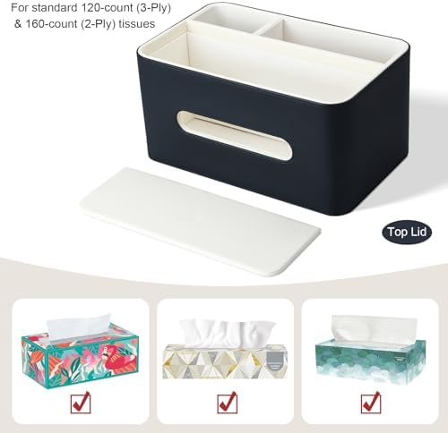 PU Leather Tissue Box Cover Rectangular with Storage Organizer Tray, Multifunctional Remote Control Holder, Desk Organizer for Living Room, Bedroom, Office, Decorative Tissue Holder Black - Image 5