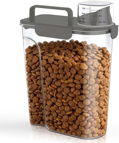 Uppetly Dog Cat Food Storage Container, 5-7Lbs Pet Food Containers, Airtight Cat Food Container with Portable Handle & Measuring Cup, Small Animal Dry Food Dispenser for Dogs, Cats and Birds Grey by Uppetly