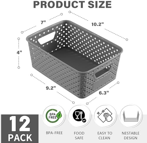 12 Pack Plastic Storage Baskets for Organizing, Storage Baskets for Shelves with Handles, Small Storage Bins with Labels, Classroom Storage Organization for Cabinet,Closet, Office,Gray - Image 2