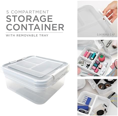 Simplify 5 Compartment Gift Supply Storage Box | 2 Tier Box | Red | Clear Top Lid | Dimensions: 9.5"x 9.5"x 4.5" | Snap Handle| Storage | Wrapping Accessories| White - Image 2