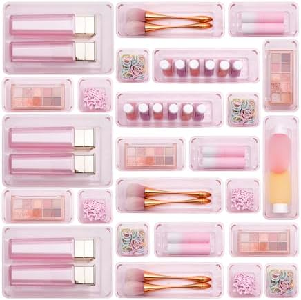 Kitchen Desk Drawer Organizers Storage for Office, Small Acrylic Vanity Trays Makeup Organizer for Drawer Bathroom Plastic Make up Organizers 25 Pcs Pink - Image 7