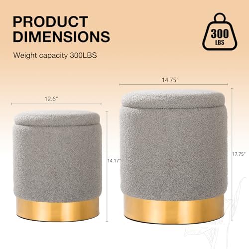 Round Ottoman with Storage Set of 2 Gray Teddy Vanity Stool - Image 2