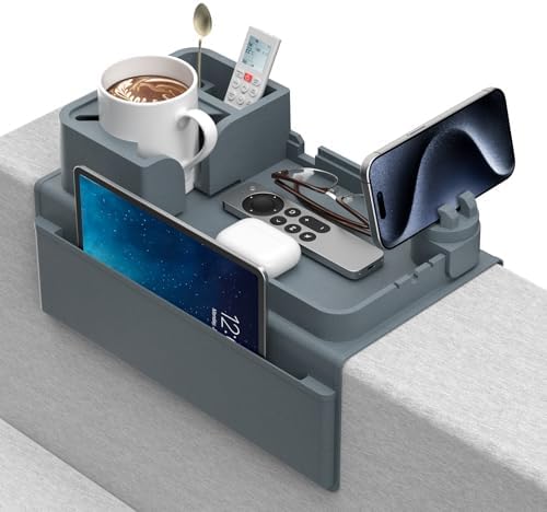 Couch Arm Tray Silicone Couch Arm Cup Holder Wide Sofa Armrest Tray with Dual Side Pockets, 360° Swivel Phone Holder & Glass Slot, Anti-Slip Couch Drink Holder Caddy for Remote Tablet Magazine Blue by CLESOO