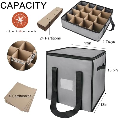 Christmas Ornament Storage Box with Dividers, Holds 64 Balls, Gray - Image 5